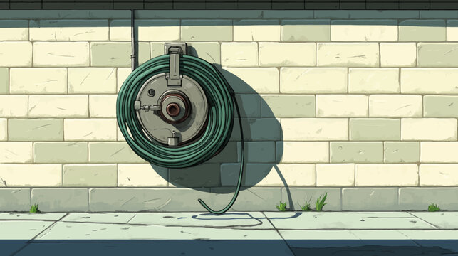 Animated illustration of a coiled hose on a brick wall, casting a shadow, with sunlight on the ground