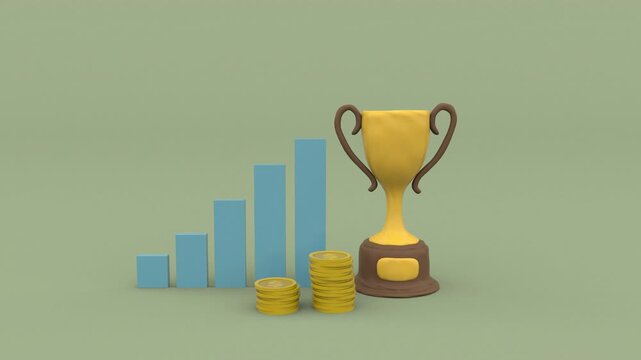 A golden trophy rising graphs and coins symbolizing success and achievement success concept 3d animation