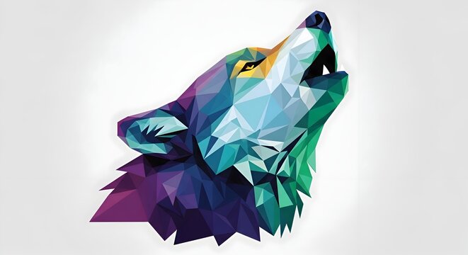 Vibrant low poly wolf howling up at night sky with colorful geometric shapes on white background