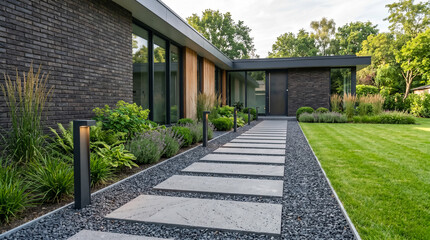 Fototapeta premium A modern stone pathway approaches a stylish house with dark brick and extensive landscaping.