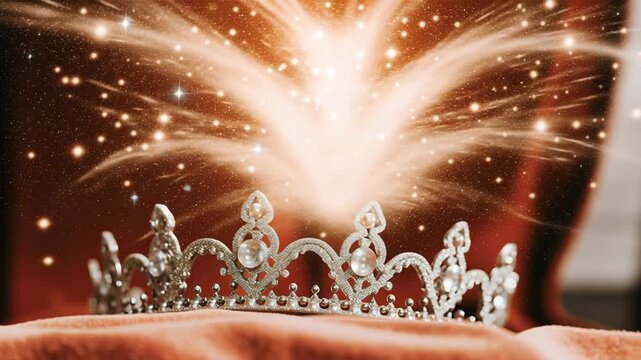 Energy visualization with colorful waves concept. Elegant silver tiara with pearls sparkling with magical glowing light and glittering particles on a soft background