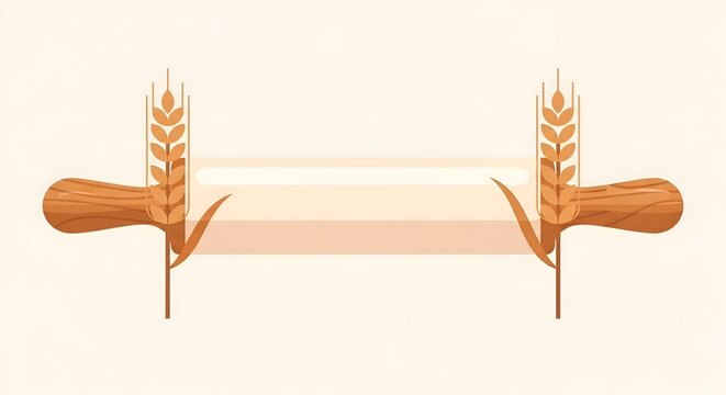 Golden wheat bundle with sheaves on wooden handles isolated on beige background for agriculture or harvest themes