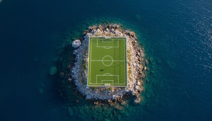 An aerial view showing a soccer field constructed on a small, rocky island surrounded by deep blue ocean water. © Varos