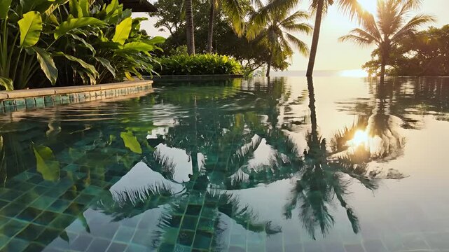 Tranquil Tropical Resort Infinity Pool Reflecting Palm Trees and Sunset.