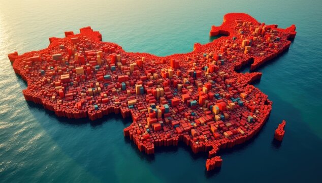 Mapa de China formado por densas pilas de contenedores de transporte, que pone de relieve el predominio de la industria manufacturera