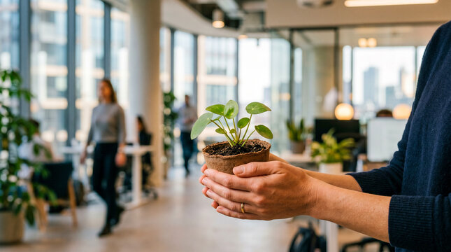 Manos sosteniendo planta verde con fondo desenfocado corporativo, iluminaci&oacute;n suave, estilo limpio, enfoque conceptual, copy space.