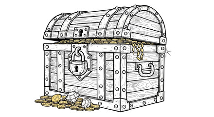 Open Treasure Chest Full of Gold Coins and Jewels, Locked with Padlock © jas