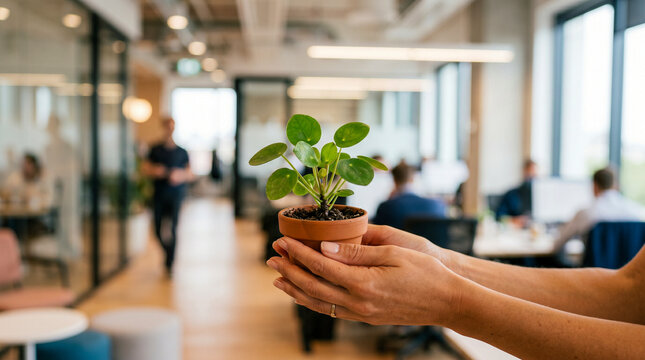 Manos sosteniendo planta verde con fondo desenfocado corporativo, iluminaci&oacute;n suave, estilo limpio, enfoque conceptual, copy space.