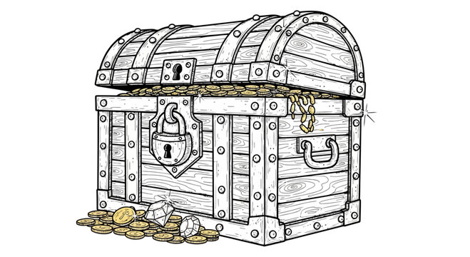 Open Treasure Chest Full of Gold Coins and Jewels, Locked with Padlock