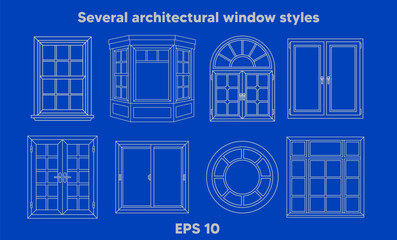 Several architectural window styles are displayed as white line drawings on a vibrant blue background for construction and design planning © Bening