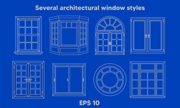 Several architectural window styles are displayed as white line drawings on a vibrant blue background for construction and design planning