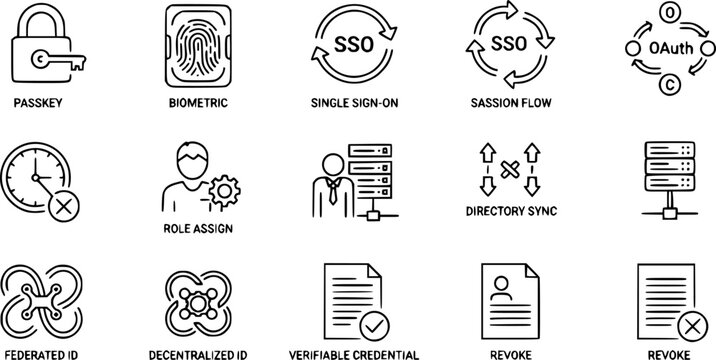 Digital Identity Auth Icon Set Passkey Biometric SSO OAuth Flow Session Expire Role Assign Directory Sync Federated ID Decentralized ID Verifiable Credential Revok
