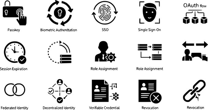 Digital Identity Auth Icon Set Passkey Biometric SSO OAuth Flow Session Expire Role Assign Directory Sync Federated ID Decentralized ID Verifiable Credential Revok

