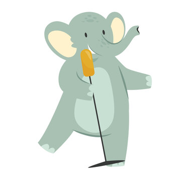 Elephant singing with microphone. Animals musical concert, band solist vector illustration