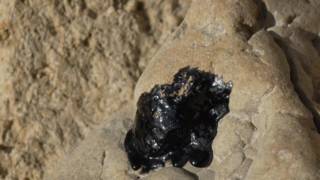 Oil pollution environment, crude tar residue oozing onto porous sandstone rock near flowing river water.
