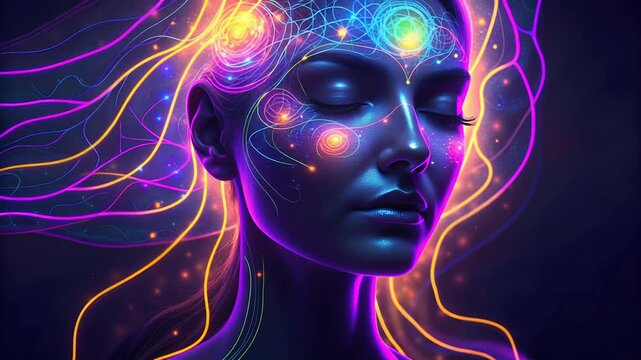 Energy visualization with colorful waves concept. Futuristic glowing woman with neon light patterns and digital brain connections in dark background