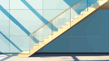 Fototapeta premium Illustration of wooden staircase with glass railing. Wall of square tiles, light, and shadows