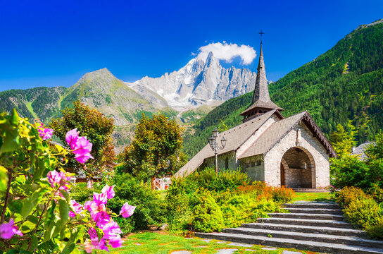 Chamonix, France. Les Praz Chapel and Aiguille du Midi.