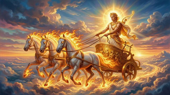 Handsome Apollo driving a fiery chariot across a bright sunrise sky, glowing golden aura, classical art style realism