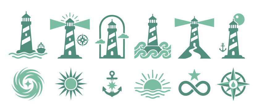 Lighthouse Icons Set Marine Nautical Design Elements for Logo and Branding, Featuring Sea Navigation Symbols, Ship Anchor, Compass Rose, Sun, and Waves in a Minimalist Flat Style Graphic Collection