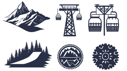Naklejka premium Six stylized monochromatic illustrations featuring mountains, ski lift, trees, and circular elements