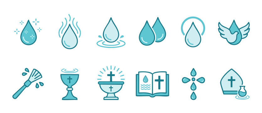 Baptism Icons Set, Christian Holy Water Symbols for Church Design, Religious Ritual Elements, Faith and Spiritual Cleansing Graphics, Catholic Ceremony Objects, Vector Flat Illustration Collection