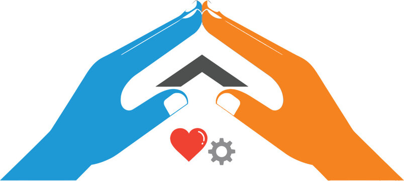 Abstract house protection logo with caring hands, home security and maintenance icon, blue and orange hands forming a roof over heart and gear