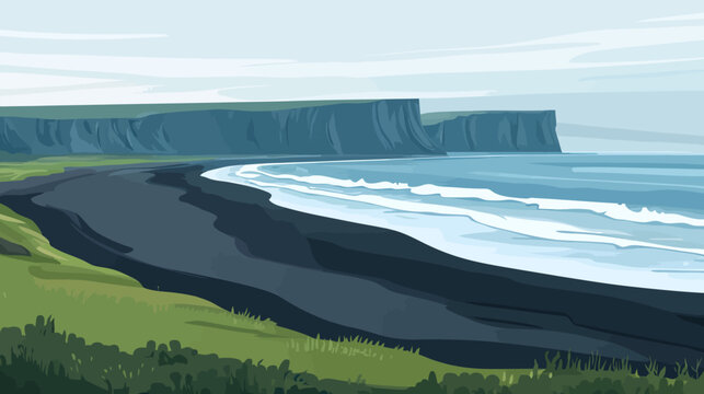 A serene seascape. Dark volcanic sand beach meets ocean with cliffs and green grassy foreground