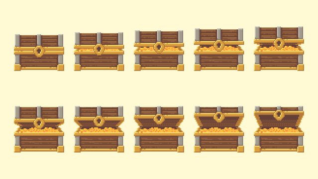 Pixel art frame sequence of treasure chest opening with gold coins inside. Game asset for loot reward systems and fantasy interface design.