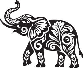 Fototapeta premium Elephant silhouette with intricate floral patterns and leaf ornaments for laser cut or vinyl decal.