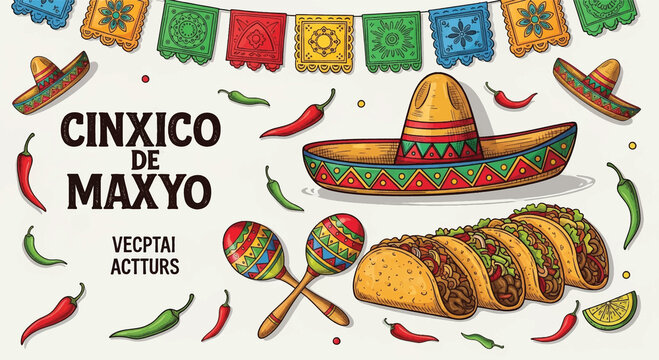 Mexican food, fiesta, sombrero, tacos, colorful illustration