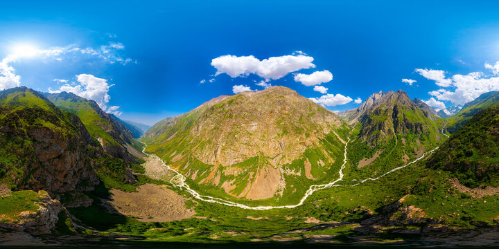 Panoramic aerial 360 degrees view of majestic mountain valley landscape