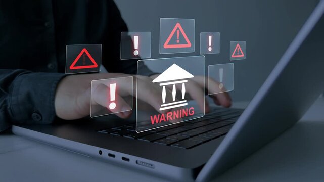 Modern financial fraud and cybersecurity scam concept with warning symbols and secure system interface. Phishing, identity theft and online banking protection.