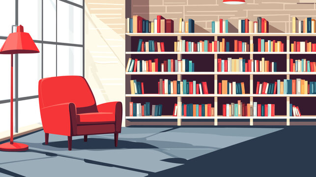 Illustration of a cozy library with a red armchair and bookshelves. Pixelated style