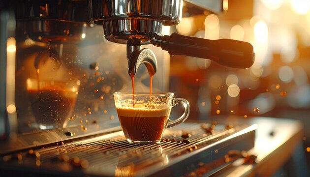 Espresso Machine Brewing Coffee into a Glass Cup with Steam.