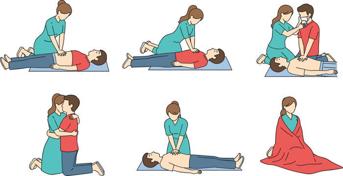 First Aid and CPR Rescue Procedure Illustration Set with Emergency Response Techniques Chest Compression Recovery Position and Rescue Breathing Vector Collection