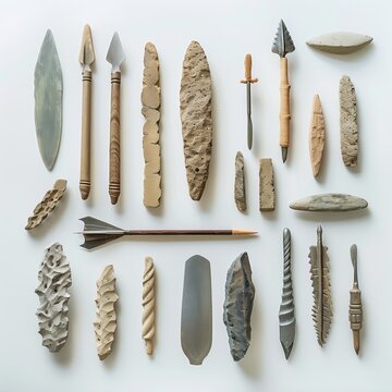 Collection of primitive tools and stone weapons on clean background. AI-generated.