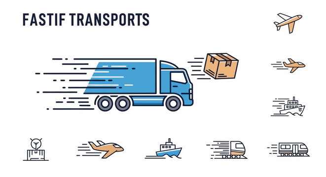 Transportation modes and logistics icons set.