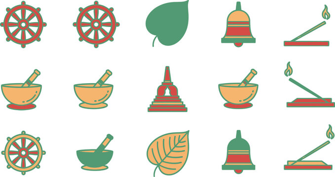 Buddhist religious icon set with dharma wheel and singing bowl, 15 spiritual meditation vector elements, zen temple symbols in flat style