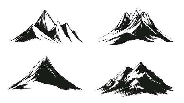 Four stylized black ink mountain illustrations on a white background, varied peaks and textures