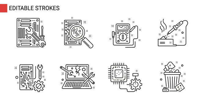 Editable stroke icons for business and technology.