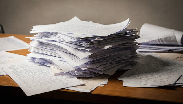 A towering stack of white papers, documents, and files creates an overwhelming scene of office work, bureaucracy, and information overload, featuring crumpled sheets on a wooden desk