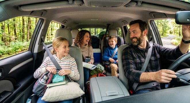 Joyful family adventure through sun-dappled forest roads on a bright day