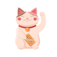 Fototapeta premium Japanese good luck cat. Cute maneki neko cat, traditional asian lucky symbol cartoon vector illustration