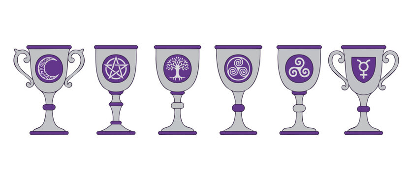 Esoteric Chalices with Sacred Symbols Set for Wiccan Ritual and Pagan Magic Ceremony, Purple and Silver Decorative Cups with Moon, Pentagram, Tree of Life, Triskele, and Alchemy Planetary Sigils