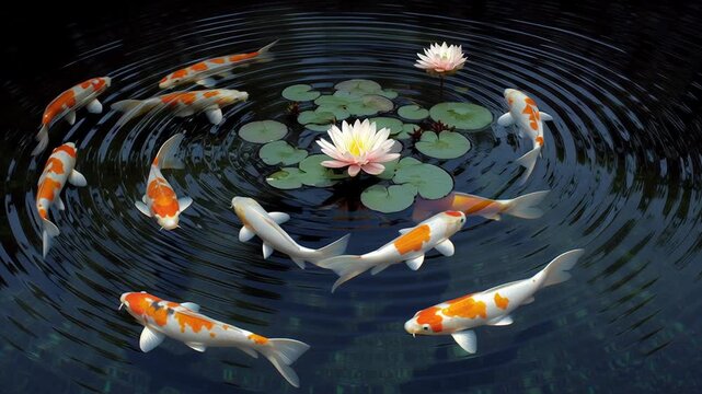 A pink lotus among koi fish in pond concept. Colorful koi fish swimming around water lilies in a serene garden pond with rippling water surface