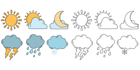 Fototapeta premium Hand-drawn cartoon and doodle set of weather icons on a white background.