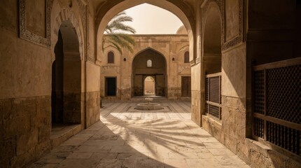 Fototapeta premium Sunlit arcade opening into a tranquil courtyard, islam pictures architecture with palm shadow, central fountain, patterned stone paving and elegant arches in a warm historic mosque passageway