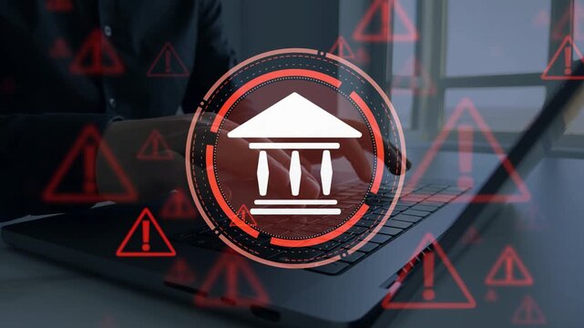 Modern financial fraud and cybersecurity scam concept with warning symbols and secure system interface. Phishing, identity theft and online banking protection.