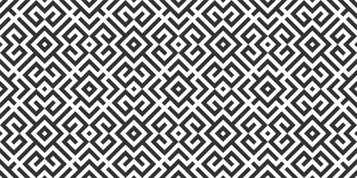 A seamless geometric square pattern designed in a black and white color scheme.
